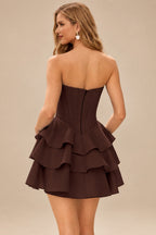 Rutipo Chocolate A-line Crystal Strapless Corset Satin Tiered Ruffle Homecoming Dress