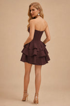 Rutipo Chocolate A-line Crystal Strapless Corset Satin Tiered Ruffle Homecoming Dress