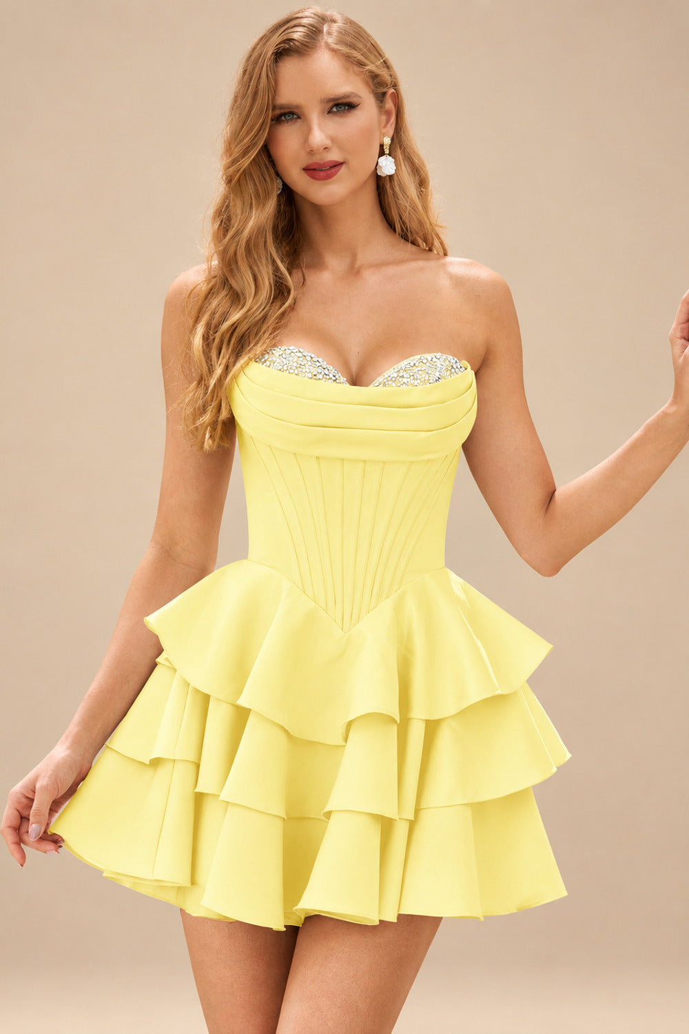 Rutipo Daffodil A-line Crystal Strapless Corset Satin Tiered Ruffle Homecoming Dress