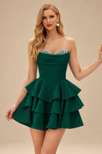 Rutipo Dark Green A-line Crystal Strapless Corset Satin Tiered Ruffle Homecoming Dress