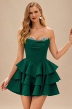 Rutipo Dark Green A-line Crystal Strapless Corset Satin Tiered Ruffle Homecoming Dress