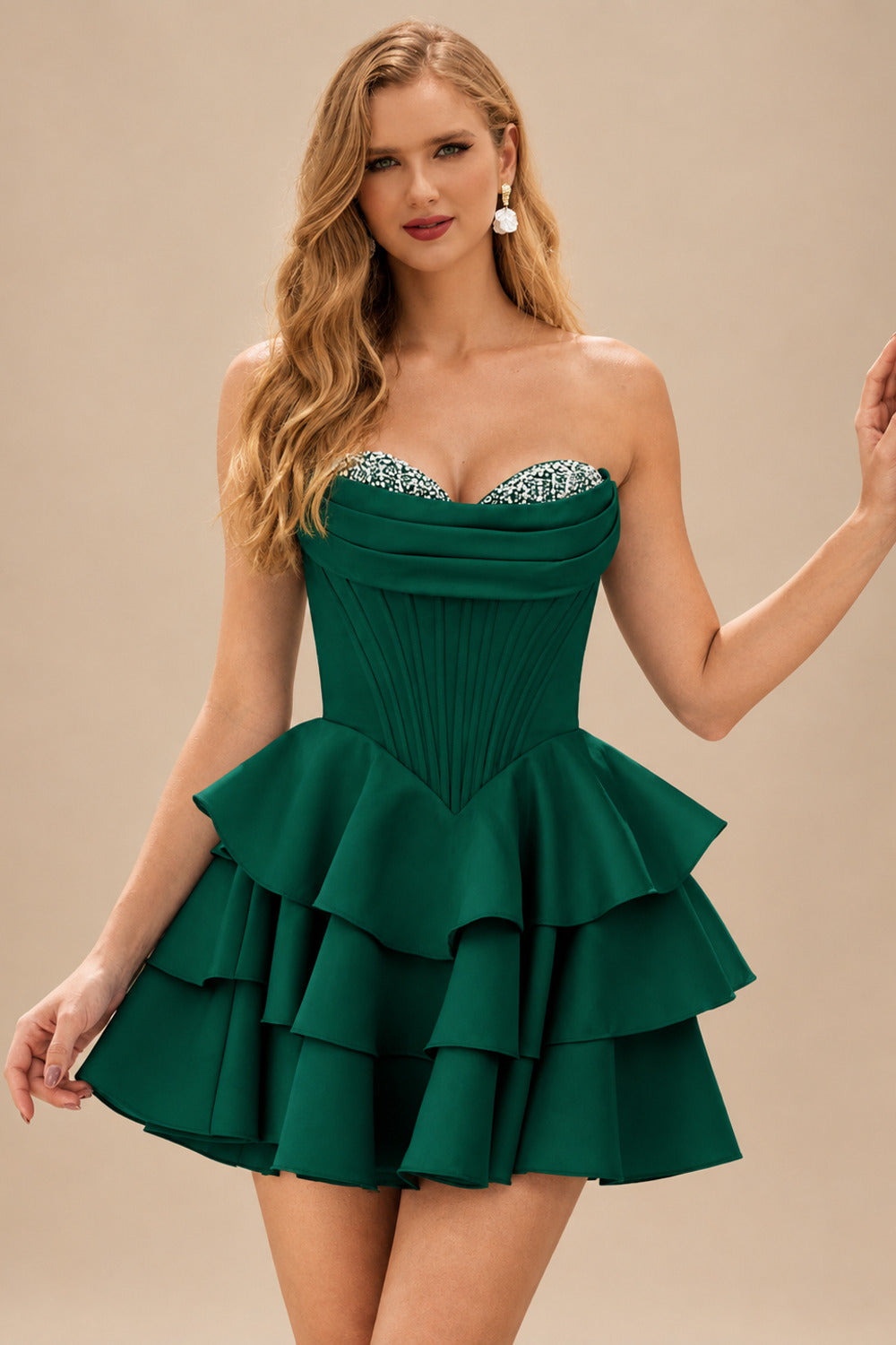 Rutipo Dark Green A-line Crystal Strapless Corset Satin Tiered Ruffle Homecoming Dress