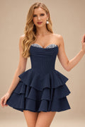 Rutipo Dark Navy A-line Crystal Strapless Corset Satin Tiered Ruffle Homecoming Dress