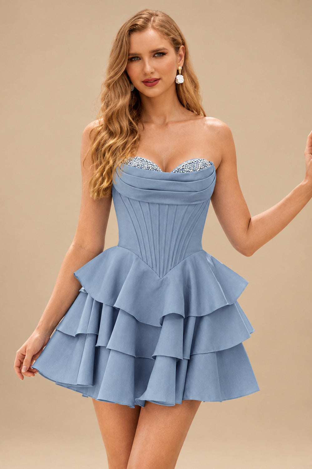 Rutipo Dusty Blue A-line Crystal Strapless Corset Satin Tiered Ruffle Homecoming Dress