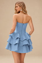 Rutipo Dusty Blue A-line Crystal Strapless Corset Satin Tiered Ruffle Homecoming Dress