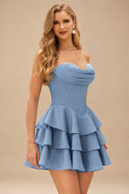 Rutipo Dusty Blue A-line Crystal Strapless Corset Satin Tiered Ruffle Homecoming Dress
