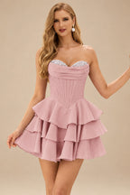 Rutipo Dusty Pink A-line Crystal Strapless Corset Satin Tiered Ruffle Homecoming Dress