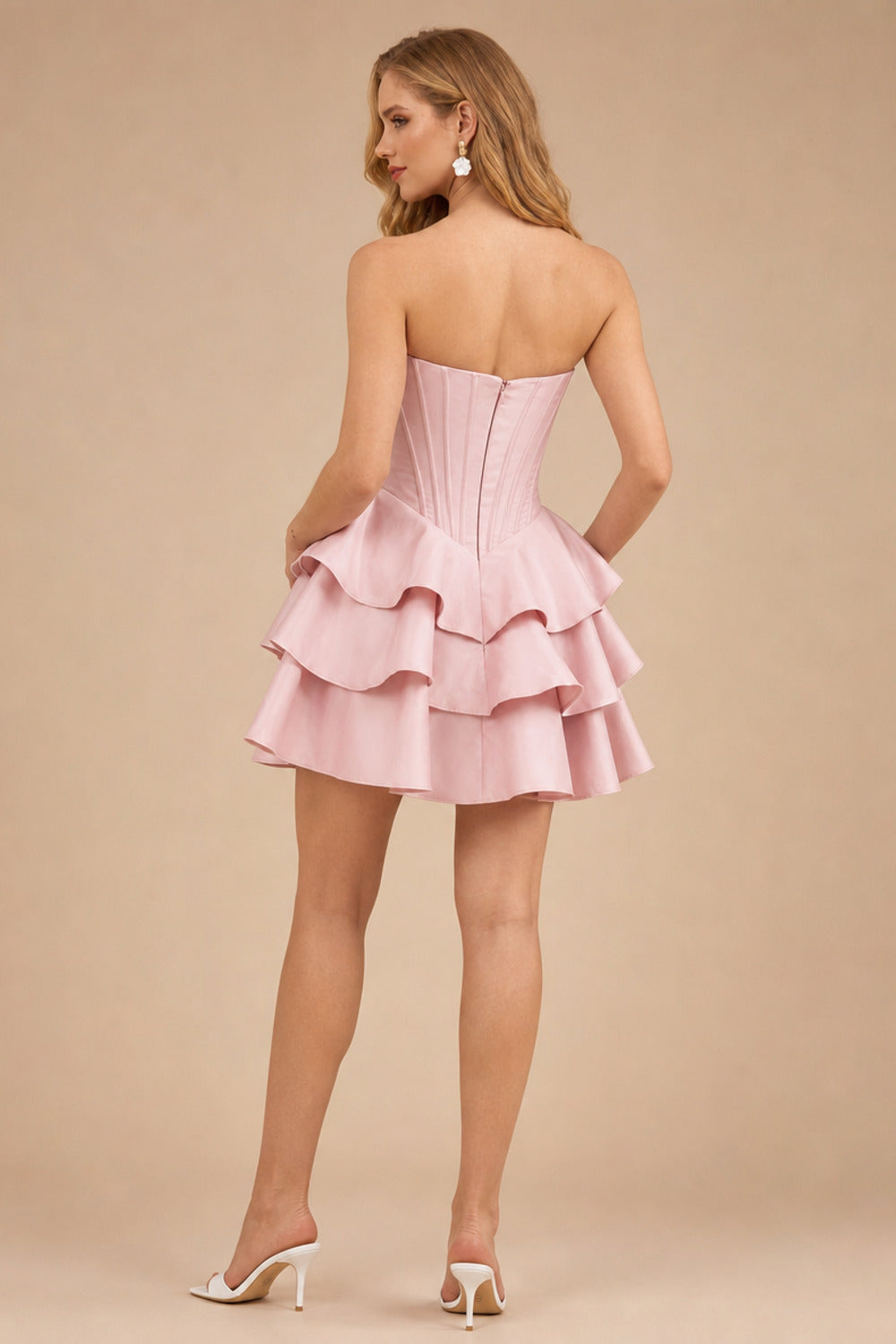 Rutipo Dusty Pink A-line Crystal Strapless Corset Satin Tiered Ruffle Homecoming Dress