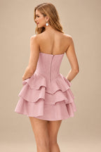 Rutipo Dusty Pink A-line Crystal Strapless Corset Satin Tiered Ruffle Homecoming Dress