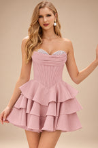 Rutipo Dusty Pink A-line Crystal Strapless Corset Satin Tiered Ruffle Homecoming Dress