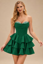 Rutipo Emerald A-line Crystal Strapless Corset Satin Tiered Ruffle Homecoming Dress