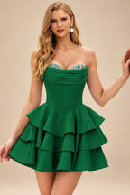 Rutipo Emerald A-line Crystal Strapless Corset Satin Tiered Ruffle Homecoming Dress