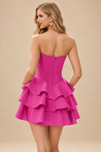 Rutipo Fuchsia A-line Crystal Strapless Corset Satin Tiered Ruffle Homecoming Dress