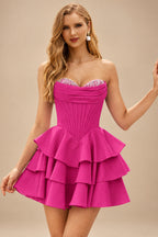 Rutipo Fuchsia A-line Crystal Strapless Corset Satin Tiered Ruffle Homecoming Dress