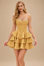Rutipo Gold A-line Crystal Strapless Corset Satin Tiered Ruffle Homecoming Dress