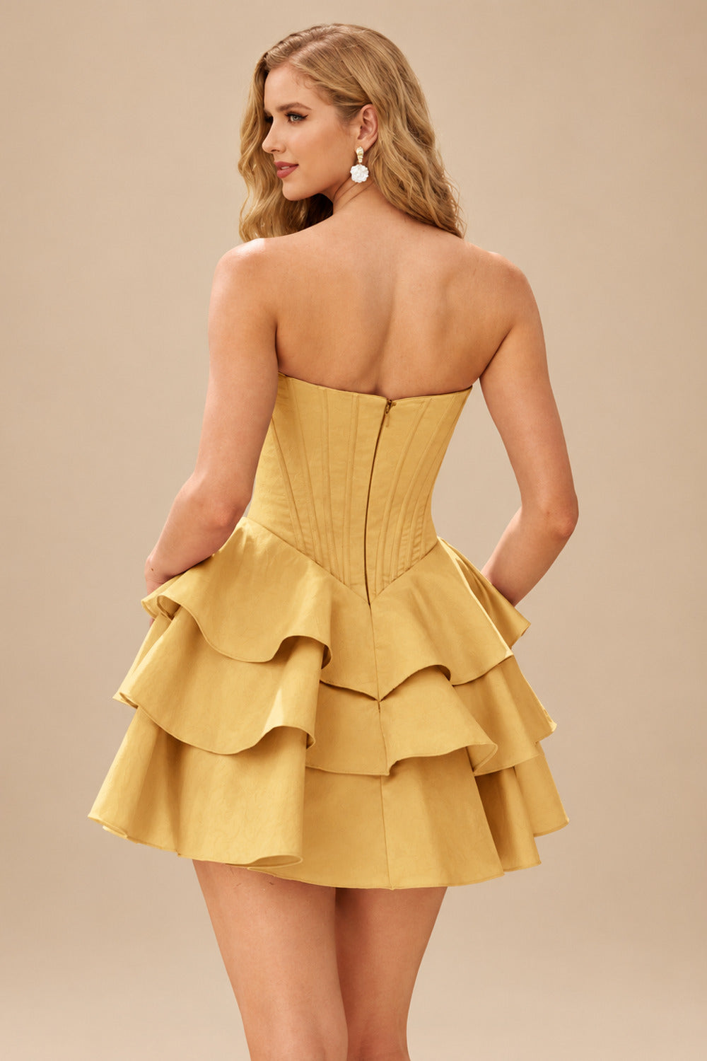 Rutipo Gold A-line Crystal Strapless Corset Satin Tiered Ruffle Homecoming Dress