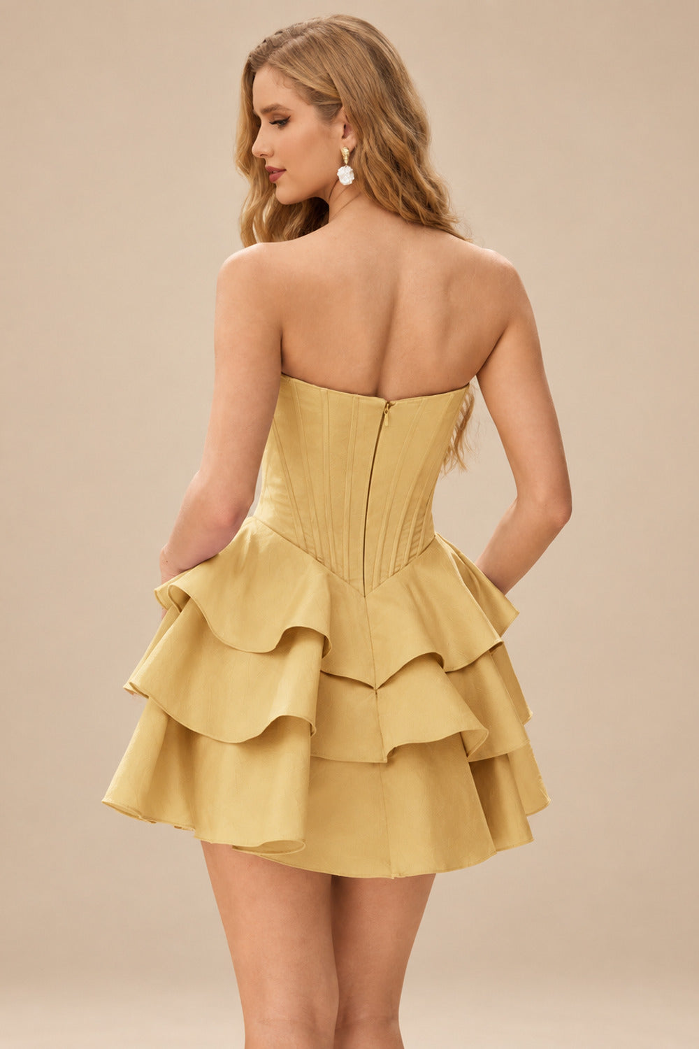 Rutipo Gold A-line Crystal Strapless Corset Satin Tiered Ruffle Homecoming Dress