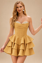 Rutipo Gold A-line Crystal Strapless Corset Satin Tiered Ruffle Homecoming Dress