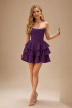 Rutipo Grape A-line Crystal Strapless Corset Satin Tiered Ruffle Homecoming Dress