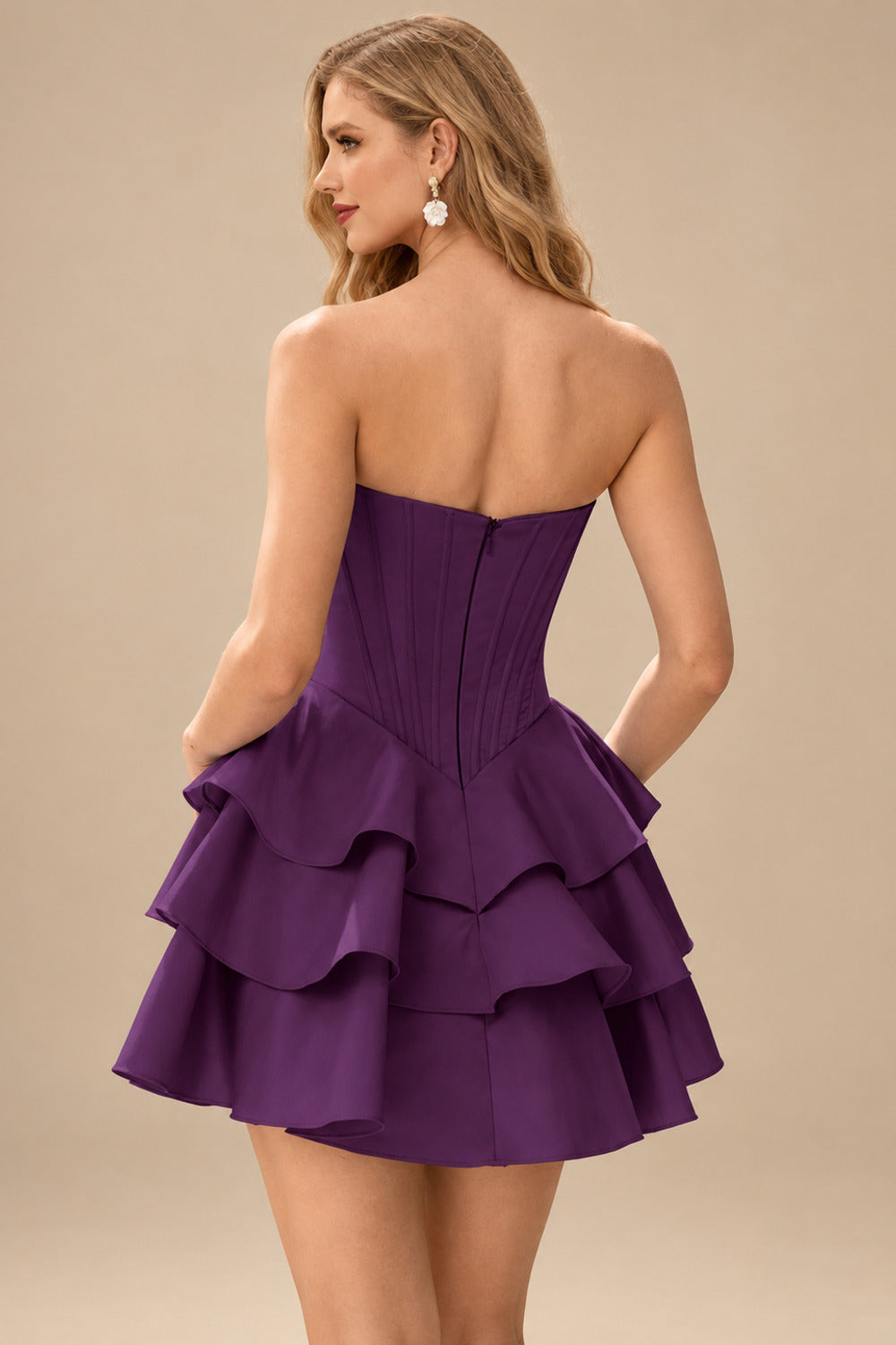 Rutipo Grape A-line Crystal Strapless Corset Satin Tiered Ruffle Homecoming Dress