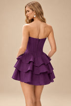 Rutipo Grape A-line Crystal Strapless Corset Satin Tiered Ruffle Homecoming Dress