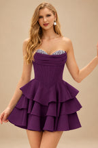 Rutipo Grape A-line Crystal Strapless Corset Satin Tiered Ruffle Homecoming Dress