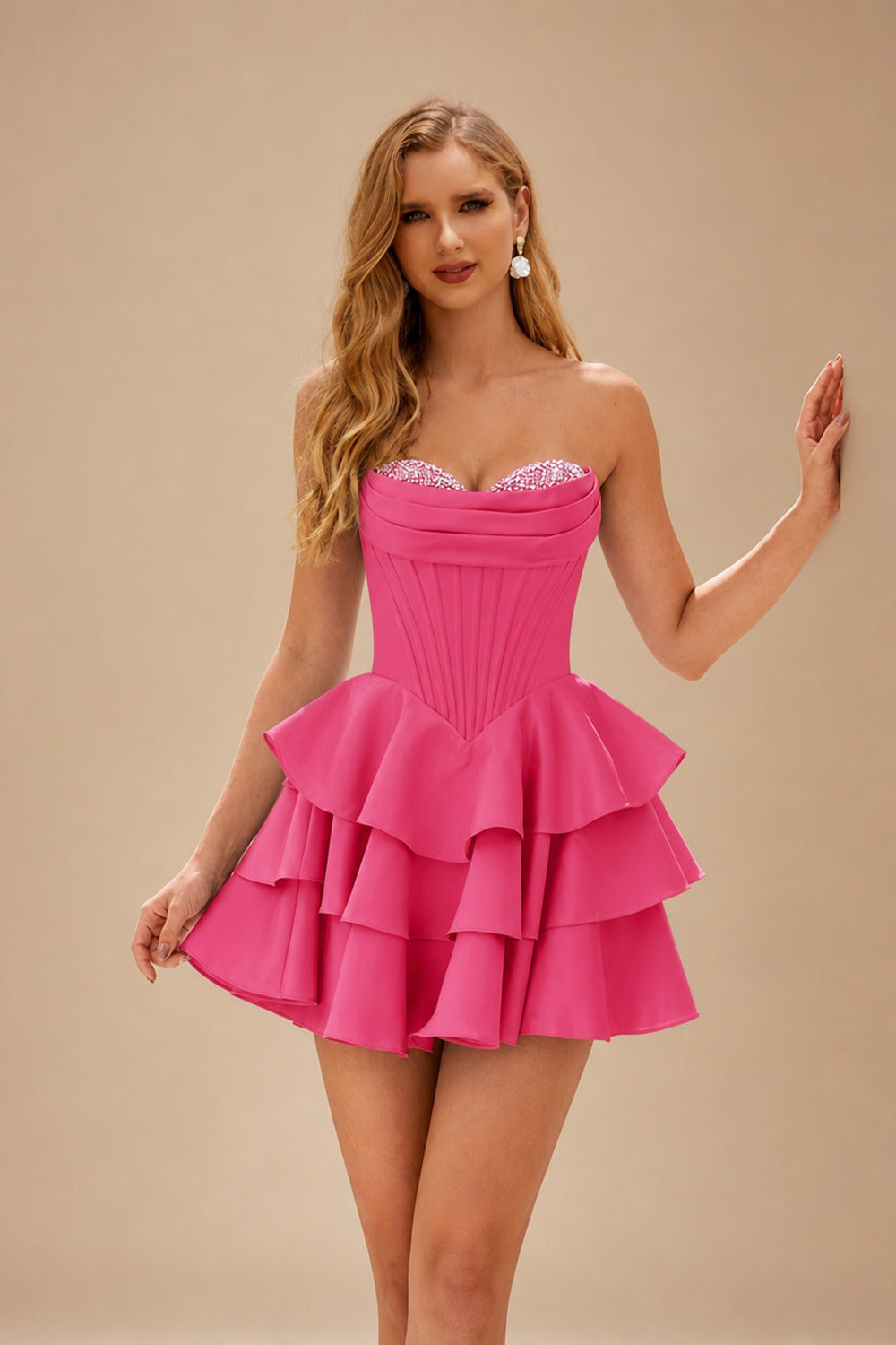 Rutipo Hot Pink A-line Crystal Strapless Corset Satin Tiered Ruffle Homecoming Dress