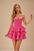 Rutipo Hot Pink A-line Crystal Strapless Corset Satin Tiered Ruffle Homecoming Dress