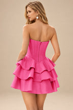 Rutipo Hot Pink A-line Crystal Strapless Corset Satin Tiered Ruffle Homecoming Dress