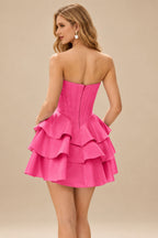 Rutipo Hot Pink A-line Crystal Strapless Corset Satin Tiered Ruffle Homecoming Dress