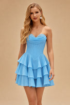 Rutipo Ice Blue A-line Crystal Strapless Corset Satin Tiered Ruffle Homecoming Dress