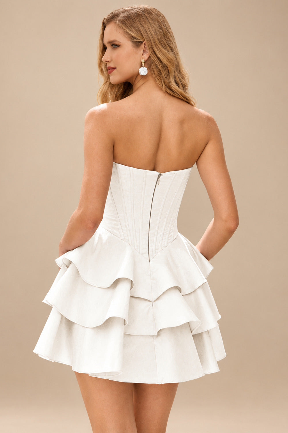Rutipo Ivory A-line Crystal Strapless Corset Satin Tiered Ruffle Homecoming Dress