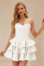 Rutipo Ivory A-line Crystal Strapless Corset Satin Tiered Ruffle Homecoming Dress