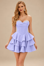Rutipo Lavender A-line Crystal Strapless Corset Satin Tiered Ruffle Homecoming Dress