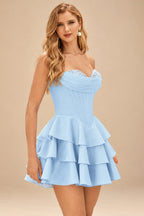 Rutipo Light Blue A-line Crystal Strapless Corset Satin Tiered Ruffle Homecoming Dress