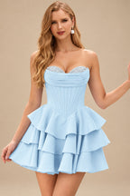 Rutipo Light Blue A-line Crystal Strapless Corset Satin Tiered Ruffle Homecoming Dress