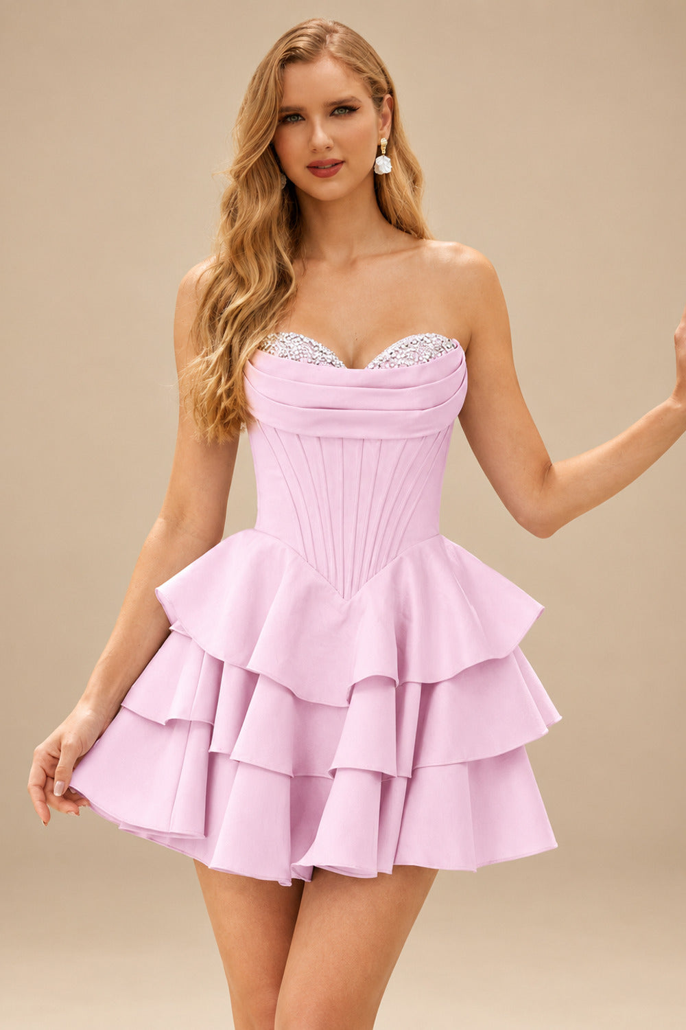 Rutipo Light Pink A-line Crystal Strapless Corset Satin Tiered Ruffle Homecoming Dress
