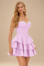 Rutipo Light Pink A-line Crystal Strapless Corset Satin Tiered Ruffle Homecoming Dress