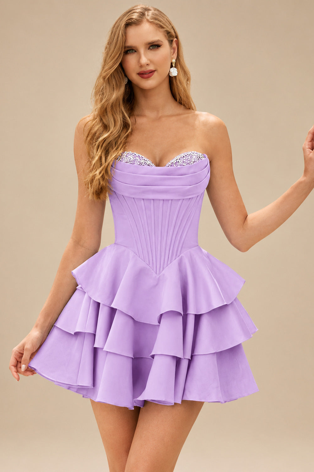 Rutipo Lilac A-line Crystal Strapless Corset Satin Tiered Ruffle Homecoming Dress