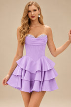 Rutipo Lilac A-line Crystal Strapless Corset Satin Tiered Ruffle Homecoming Dress