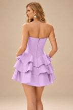 Rutipo Lilac A-line Crystal Strapless Corset Satin Tiered Ruffle Homecoming Dress