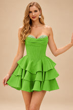 Rutipo Lime Green A-line Crystal Strapless Corset Satin Tiered Ruffle Homecoming Dress