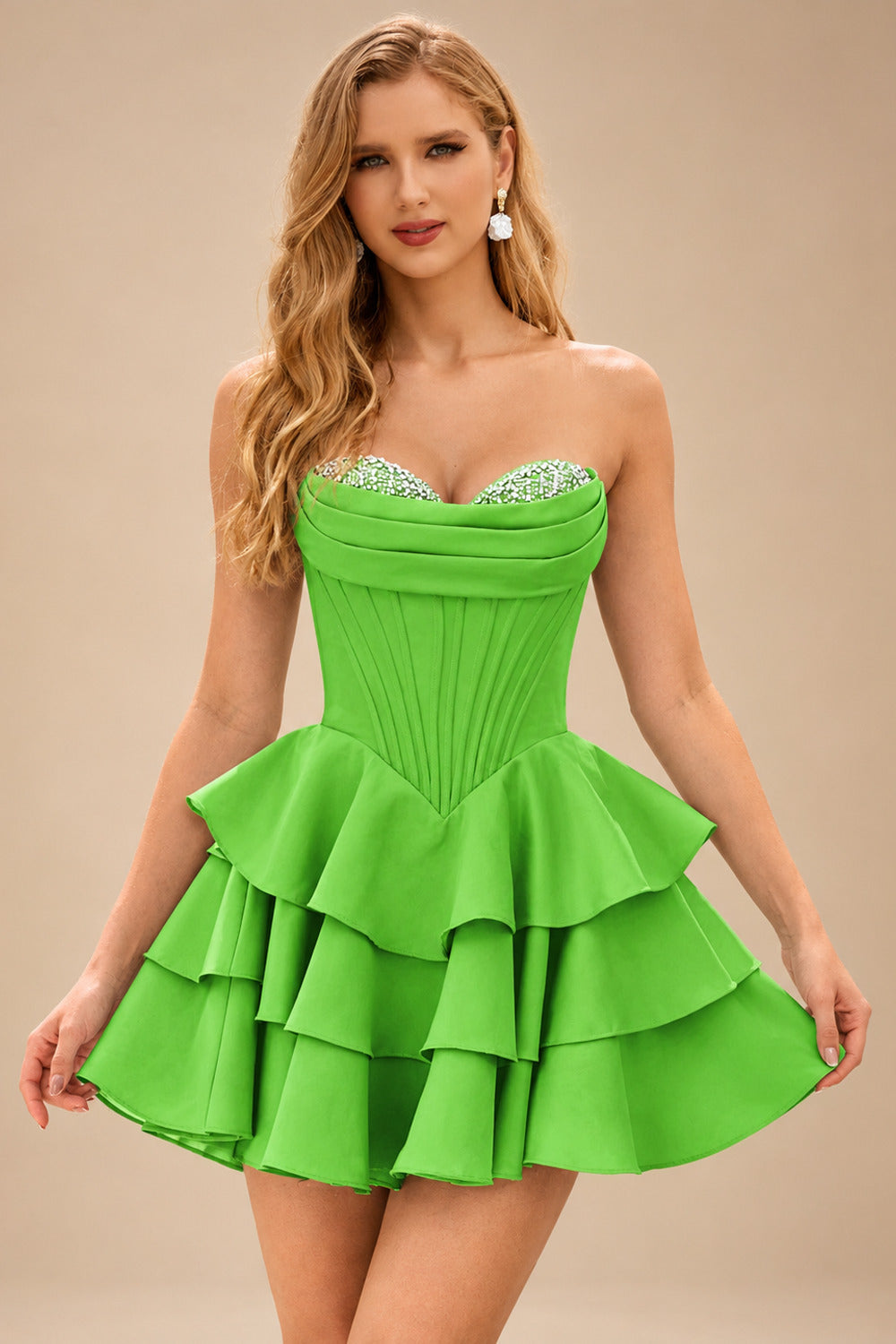 Rutipo Lime Green A-line Crystal Strapless Corset Satin Tiered Ruffle Homecoming Dress