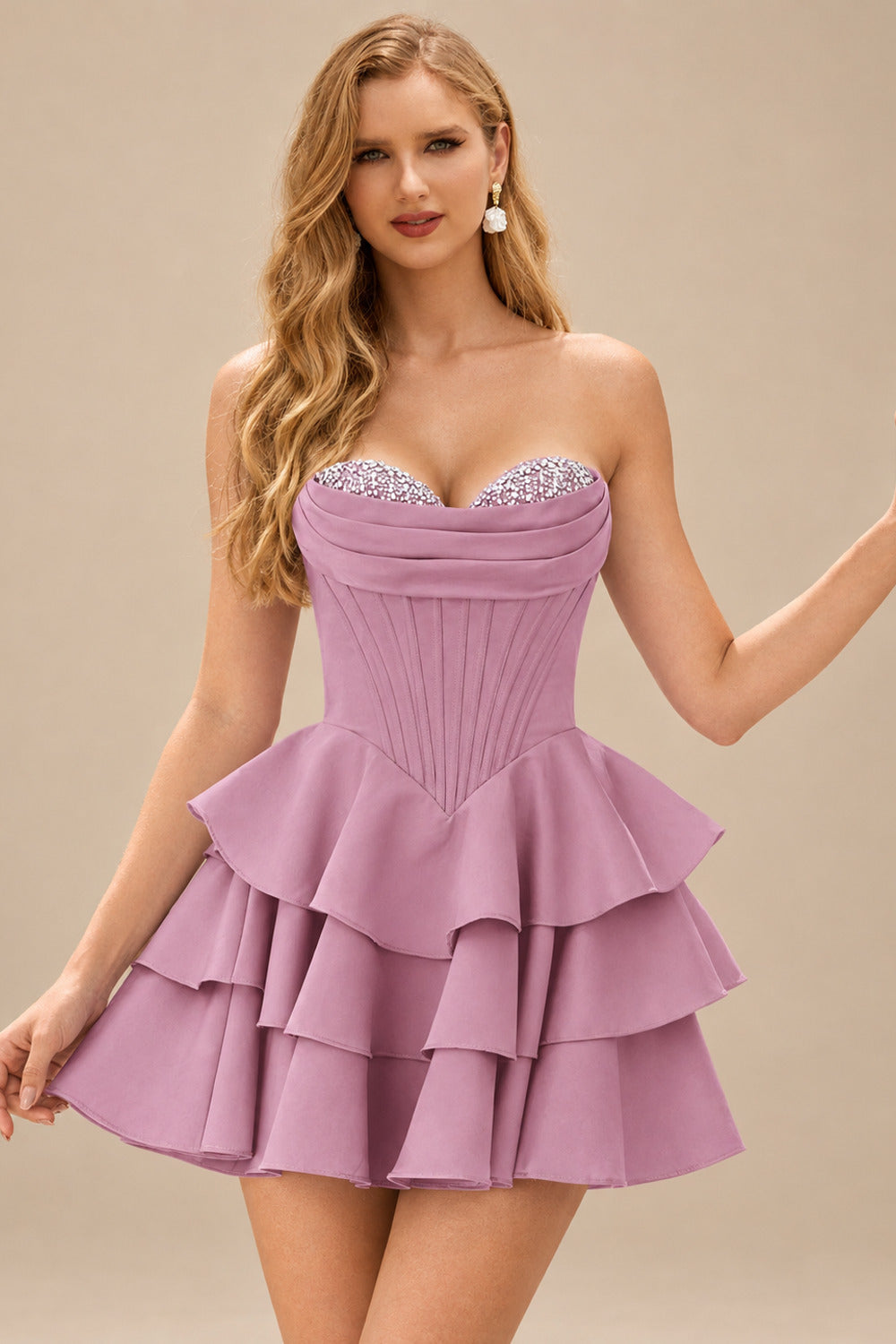 Rutipo Mauve A-line Crystal Strapless Corset Satin Tiered Ruffle Homecoming Dress