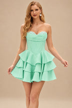Rutipo Mint Green A-line Crystal Strapless Corset Satin Tiered Ruffle Homecoming Dress