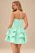 Rutipo Mint Green A-line Crystal Strapless Corset Satin Tiered Ruffle Homecoming Dress