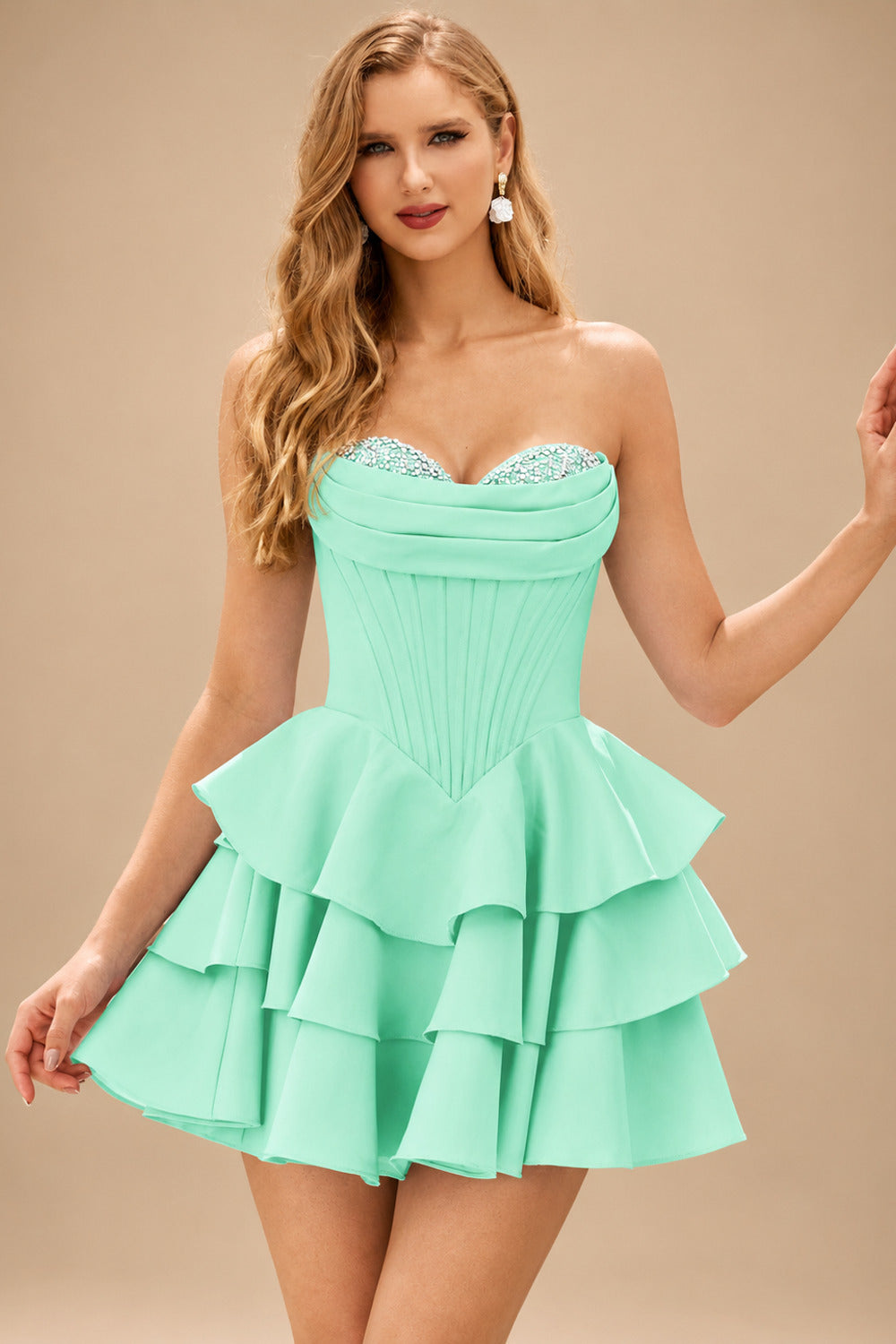 Rutipo Mint Green A-line Crystal Strapless Corset Satin Tiered Ruffle Homecoming Dress