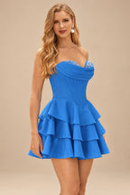 Rutipo Ocean Blue A-line Crystal Strapless Corset Satin Tiered Ruffle Homecoming Dress