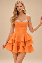 Rutipo Orange A-line Crystal Strapless Corset Satin Tiered Ruffle Homecoming Dress