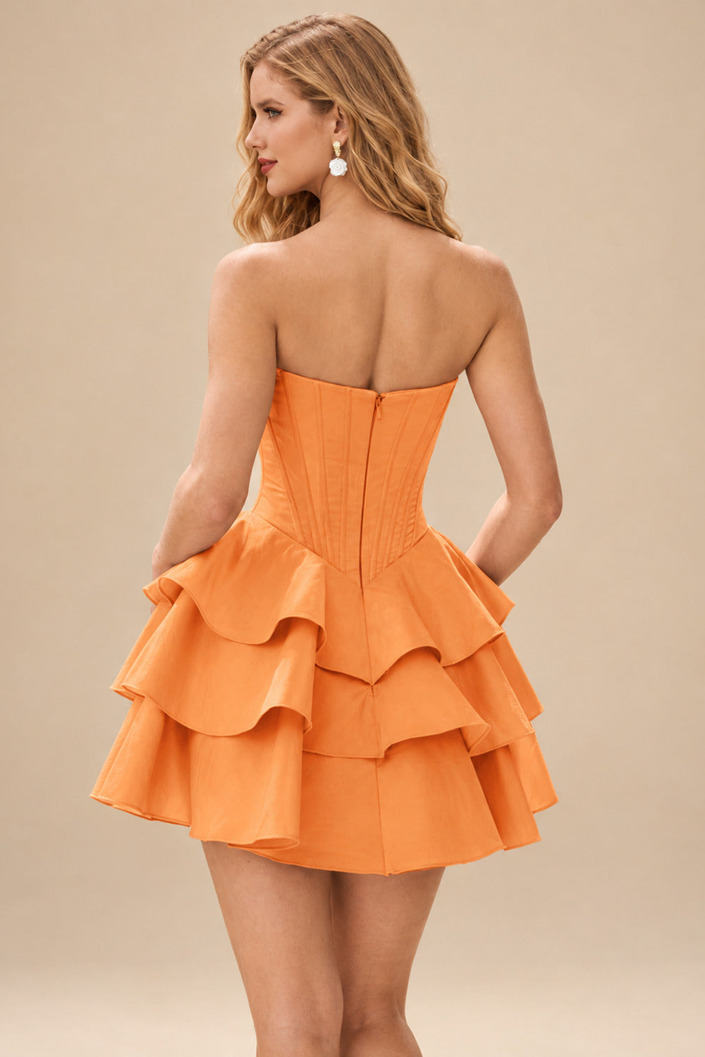 Rutipo Orange A-line Crystal Strapless Corset Satin Tiered Ruffle Homecoming Dress
